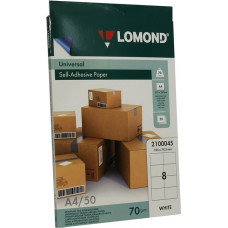 LOMOND 2100045 (A4, 50 листов, 8 частей 105x74.3мм, 70 г/м2) бумага универсальная самоклеящаяся, белая