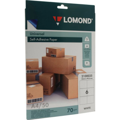 LOMOND 2100035 (A4, 50 листов, 6 частей 105x99мм, 70 г/м2) бумага суперкаландрированная самоклеящаяся