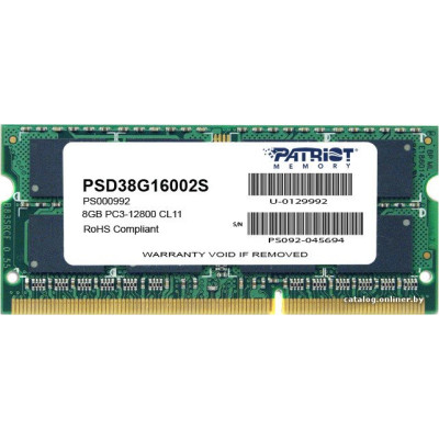 SO-DIMM DDR3 8Gb PC-12800 1600MHz Patriot (PSD38G16002S) CL11 1.5v
