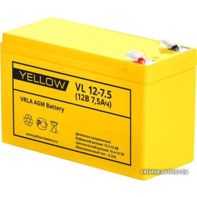 Аккумуляторная батарея YELLOW VL 12-7.5 (12V, 7.5Ah, 5 лет, 2.15кг, 151х65х94(98)мм) АКБ для ИБП, Аналог АКБ Ippon IP12-7 (12V, 7Ah), 27209, 2766905600018 669056, Kiper GP-1272 F2 12V/7.2Ah