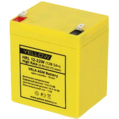 Аккумуляторная батарея YELLOW HRL 12-22W (12V, 5Ач, 10 лет, 1.7кг, 90х70х101/107мм) АКБ для ИБП, Аналог АКБ Ippon IP12-5 (12V, 5Ah), 27210, 2766905500011, 70243 YELLOW HR 12-5, Kiper GP-1250 F2 12V/5Ah