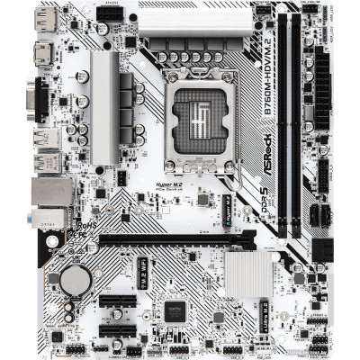 MB ASRock B760M-HDV/M.2 Soc-1700 (B760) PCI-E 4.0x16 2xPCI-E 3.0x1 2xM.2+M.2(WI-FI) 1GbE LAN RAID 0/1/5/10 2xDDR5 7200MHz+ HDMI+D-Sub+DP mATX White RTL