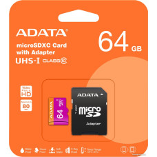 Micro SDXC 64 Gb ADATA Premier (AUSDX64GUICL10-RA1) (64 ГБ, класс 10, UHS-I (класс U1), чтение: 80 МБ/с) RETAIL с адапте