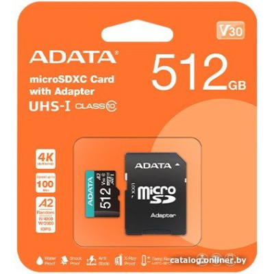 Micro SDXC 512 Gb ADATA Premier (AUSDX512GUICL10A1-RA1) (512 ГБ, класс 10, UHS-I (класс U1), чтение: 85 МБ/с) RETAIL с адаптером