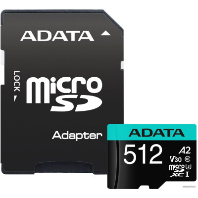 Micro SDXC 512 Gb ADATA Premier Pro (AUSDX512GUI3V30SA2-RA1) (512 ГБ, класс 10, UHS-I (класс U3), чтение: 100 МБ/с) RETAIL с адаптером