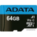 Micro SDXC 64 Gb ADATA Premier (AUSDX64GUICL10A1-RA1) (64 ГБ, класс 10, A1, UHS-I (класс U1), чтение: 80 МБ/с) RETAIL с адаптером