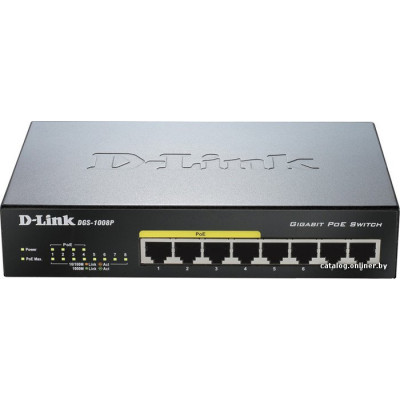 Коммутатор D-Link DGS-1008P/F3A (неуправляемый, с 4PoE+ 60W, настольный/стоечный, матрица 16 Гбит/с, 11.9 Mpps, 8xGbit)