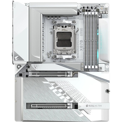 MB Gigabyte X870 AORUS STEALTH ICE (X870 A STEALTH ICE) Soc-AM5 (X870) 2xPCI-Ex16 4xM.2 5GbE LAN WiFi 7 BT 5.3 3xARGB+RGB RAID 0/1 4xDDR5 8200MHz+ HDMI+2xUSB Type-C ATX White RTL