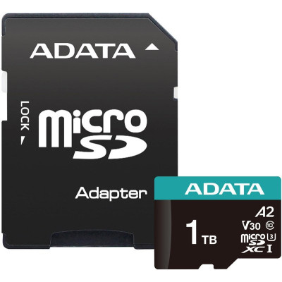 Micro SDXC 1Tb ADATA Premier Pro (AUSDX1TUI3V30SA2-RA1) (1 ТБ, класс 10, UHS-I (класс U3), чтение: 100 МБ/с) RETAIL с адаптером
