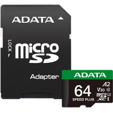 Micro SDXC 64 Gb ADATA SPEED PLUS (UD64GUI3V30A2SP-RA1) (64ГБ, класс 10, UHS-I (класс U3), запись - 160 Мбайт/сек, чтени