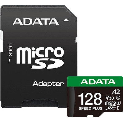 Micro SDXC 128 Gb ADATA  SPEED PLUS (UD128GUI3V30A2SP-RA1) (128ГБ, класс 10, UHS-I (класс U3), запись - 160 Мбайт/сек, чтение - 180 Мбайт/сек) RETAIL с адаптером
