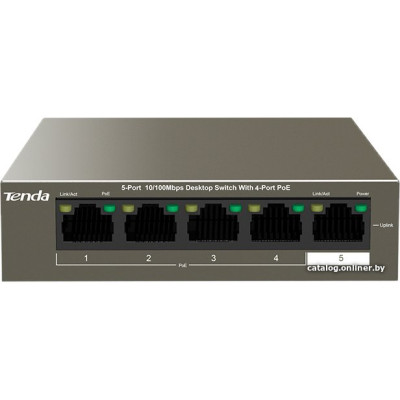 Коммутатор TENDA 5-port TEF1105P-4-38W (неуправляемый, настольный, матрица 1 Гбит/с, 0.74 Mpps, 5x100Mbit, PoE, бюджет 35 Вт)