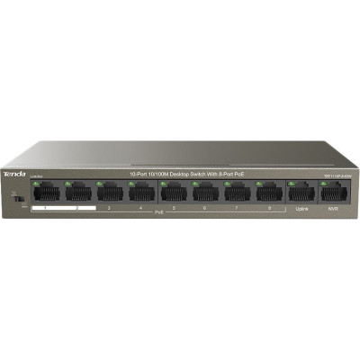 Коммутатор TENDA 10-port TEF1110P-8-63W (неуправляемый, настольный/настенный/стоечный, матрица 1.6 Гбит/с, 1.48 Mpps, 10x100Mbit, PoE, бюджет 58 Вт )