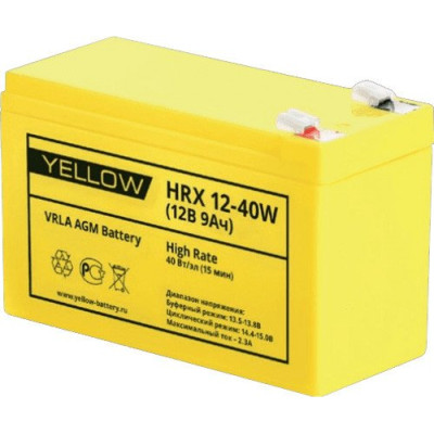 Аккумуляторная батарея YELLOW HRX 12-40W (12V, 9Ач, 10 лет, 2.6кг, 151х65х94/100мм), для ИБП, Аналог АКБ Ippon IP12-9 (12V, 9Ah), CSB HRL 1234W, HR 12-34W, HRL 12-34W, GPL 1234W, GPL 12-34W, 16906, 2766905800012, 66554, 70416, 70956, SSP12-9HR, SP12-9