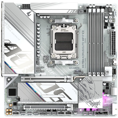 MB Gigabyte X870M AORUS ELITE WIFI7 ICE (X870M A ELITE WF7 ICE) Soc-AM5 (X870) 2xPCI-Ex16 2xM.2 2.5GbE LAN WiFi 7 BT 5.4 3xARGB+RGB RAID 0/1/5/10 4xDDR5 8200MHz+ HDMI+2xType-C+HDMI(Front) mATX RTL